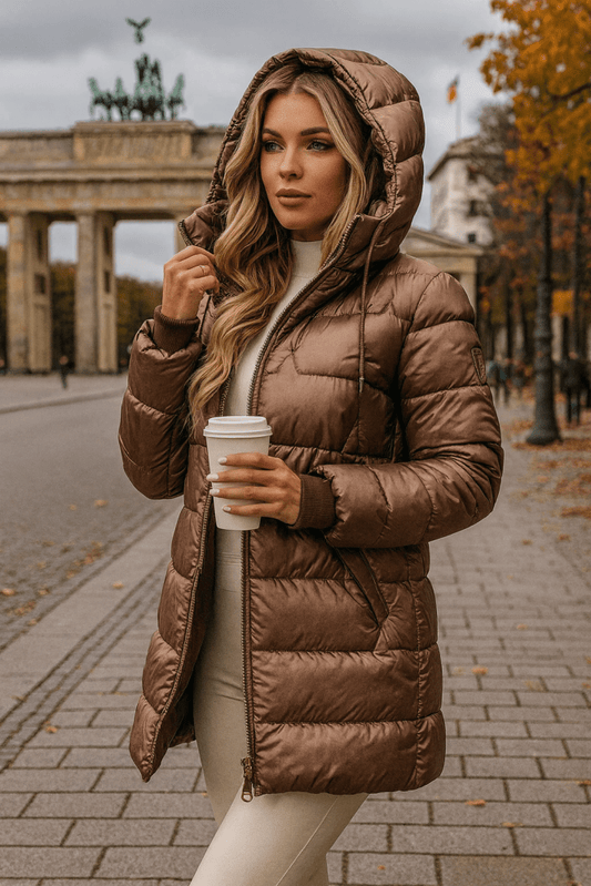 Women's Quilted Jacket Long Hooded Zip Side Pockets with Snug Cuffs