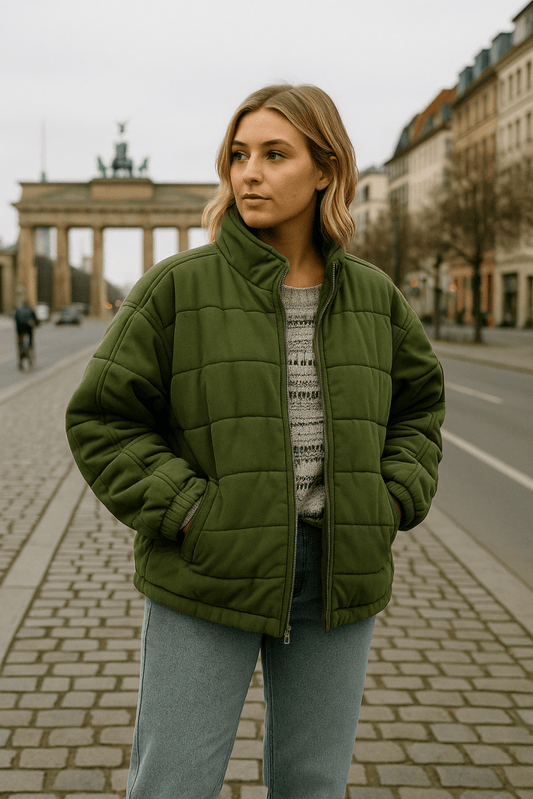 Women's Quilted Jacket Relaxed Oversized Fit with Front Zip Closure