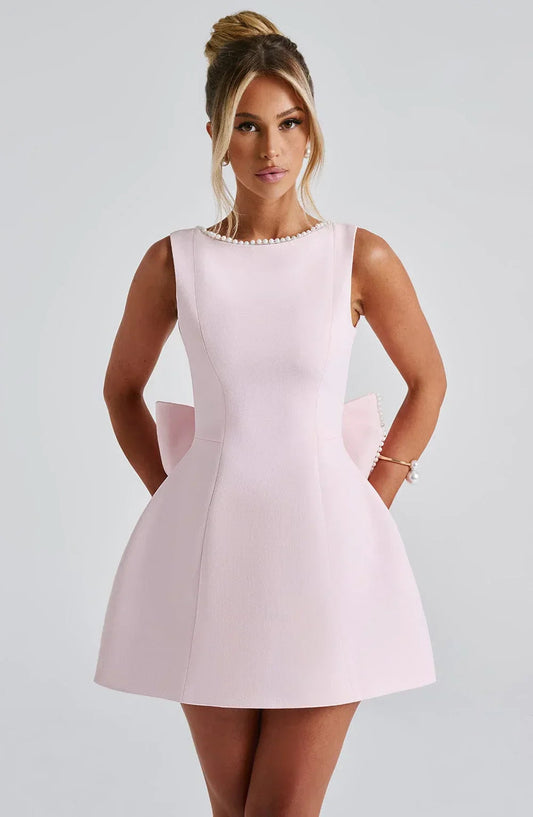 Women's Short Dress | Pearl Trim Neckline & Statement Back Bow Detail