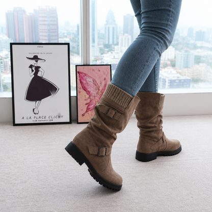 Women's Slouch Boots Mid-Calf Grip Sole Pull-On Ribbed Cuff