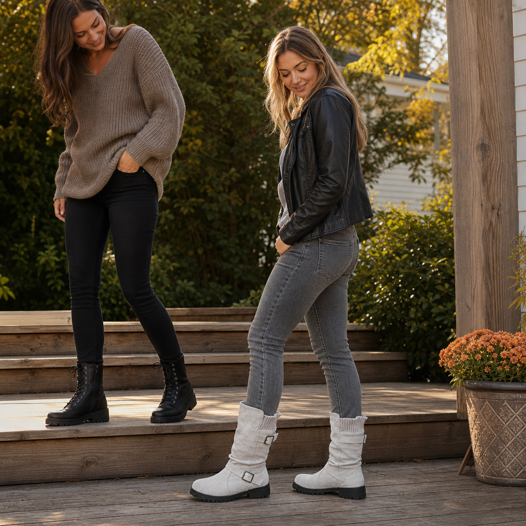 Women's Slouch Boots Mid-Calf Grip Sole Pull-On Ribbed Cuff