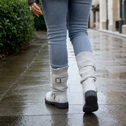 Women's Slouch Boots Mid-Calf Grip Sole Pull-On Ribbed Cuff