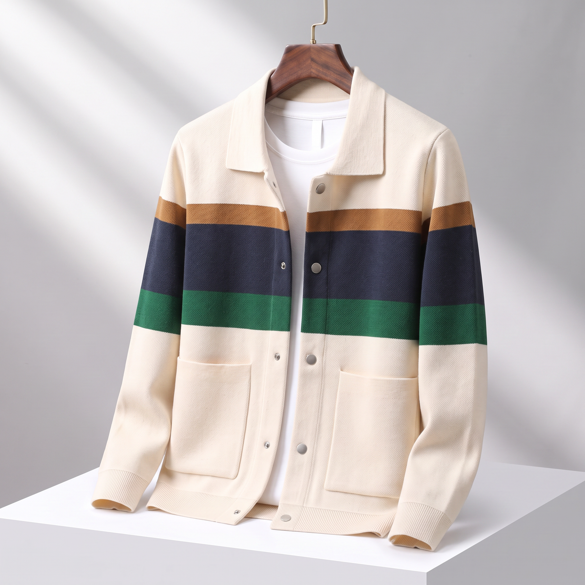 Women's Striped Knit Cardigan Snap-Button Structured Fit