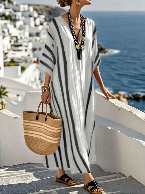 Women's Summer Maxi Dress | Striped Kaftan & Wide Sleeve Design