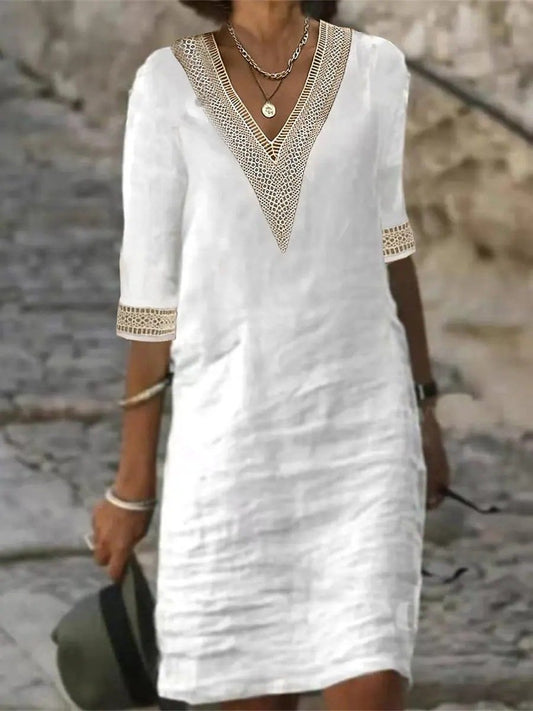 Women's Summer Midi Dress | Lace Trim V-Neck & Relaxed Elegant Fit