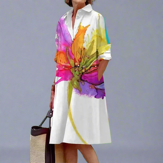 Women's Summer Shirt Dress | Watercolour Floral Print & Relaxed A-Line Fit