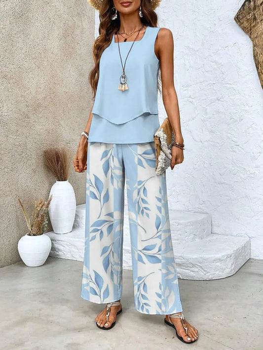 Women's Summer Two Piece Set | Layered Top & Wide-Leg