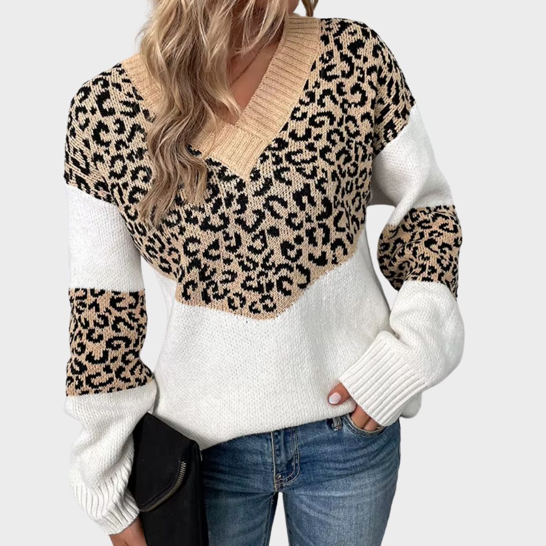 Women's Sweater | Animal Pattern & Ribbed Trim