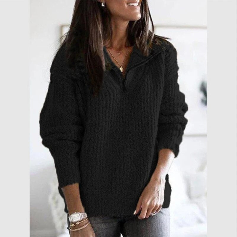 Women's Sweater Half Zip Relaxed Fit Lightweight with Ribbed Cuffs