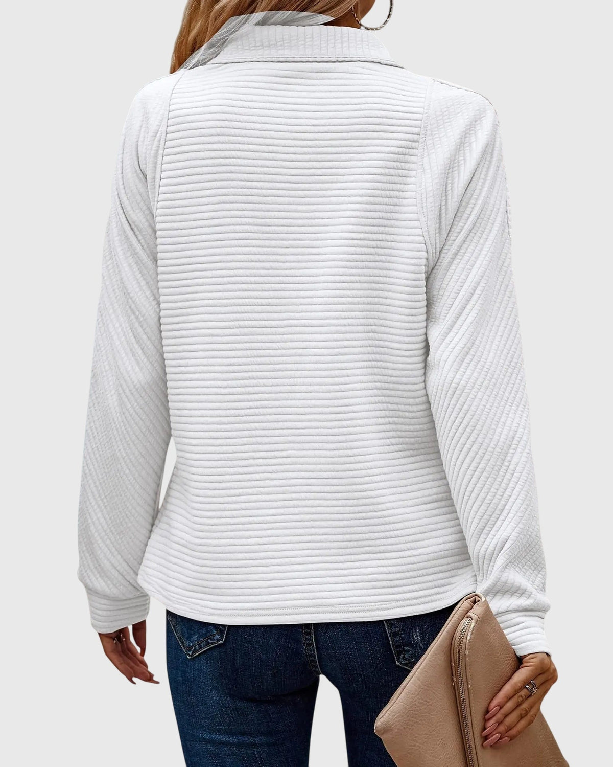 Women's Sweater V Neck Zip Long Sleeve Flattering Fit with Rib Hem