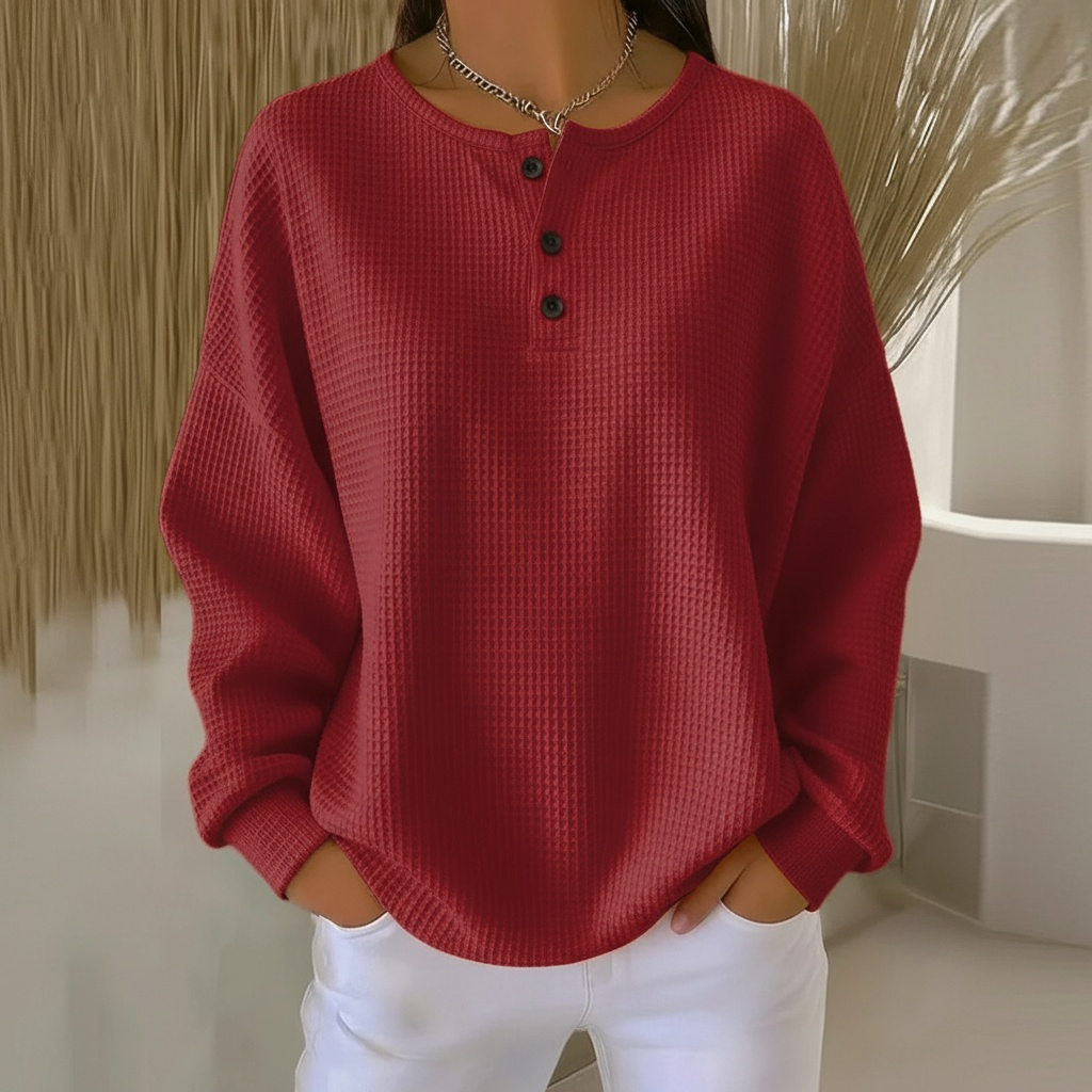 Women's Sweatshirt | Waffle Knit Button Neck