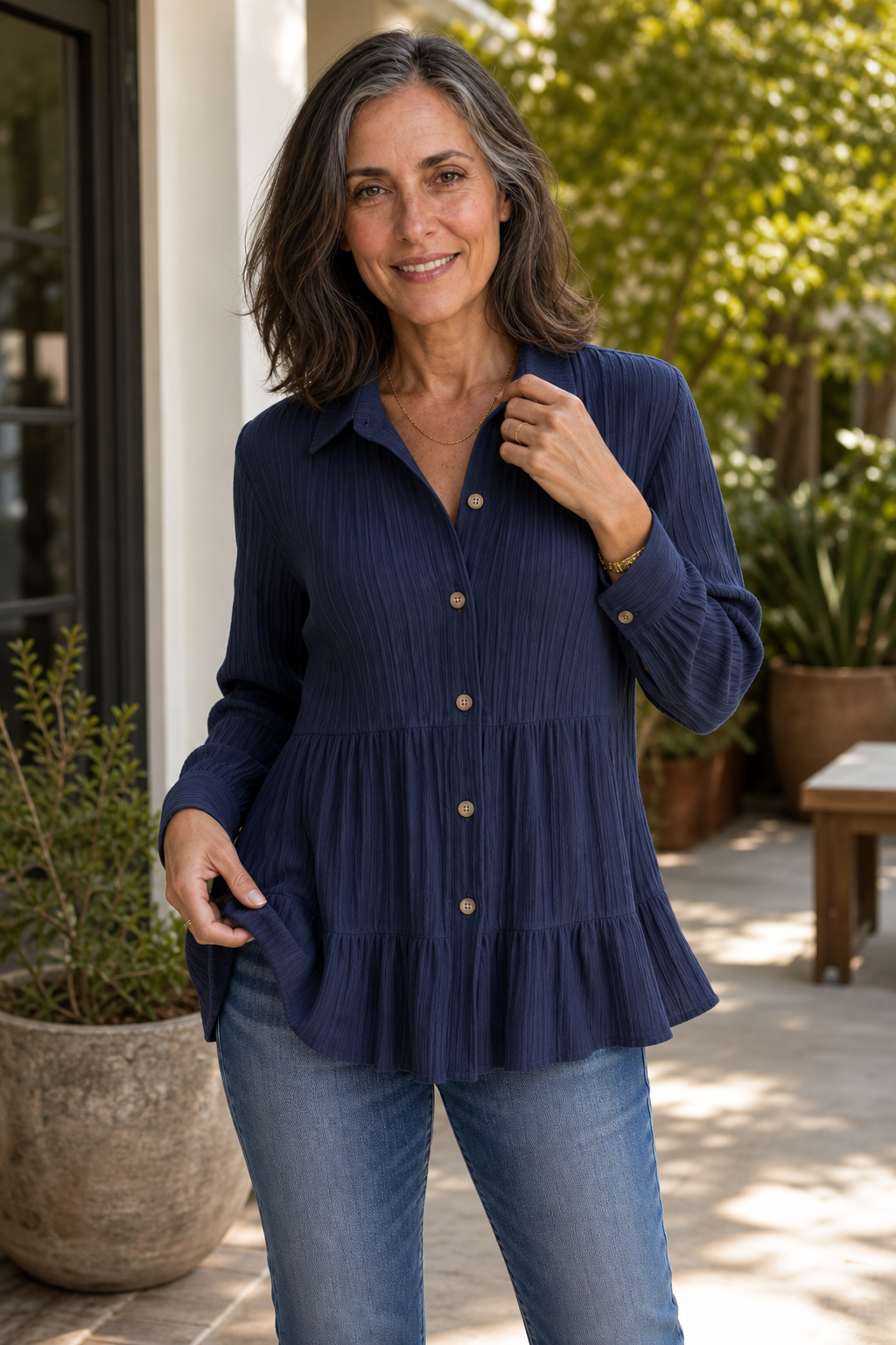 Women's Tiered Tunic Top | Crinkle Texture & Easy Care