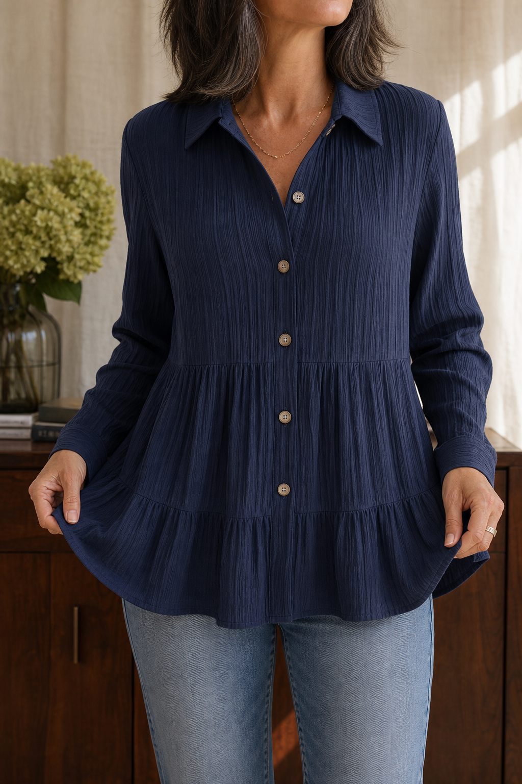 Women's Tiered Tunic Top | Crinkle Texture & Easy Care