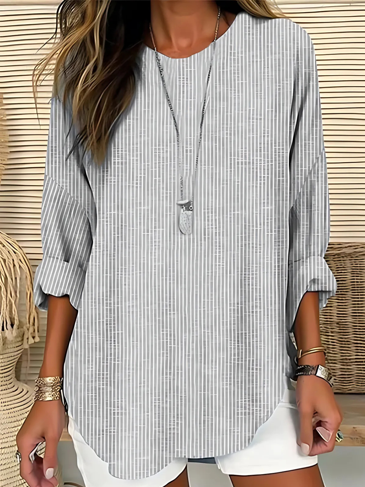 Women's Top | Striped Blouse with Round Neck & Long Sleeves