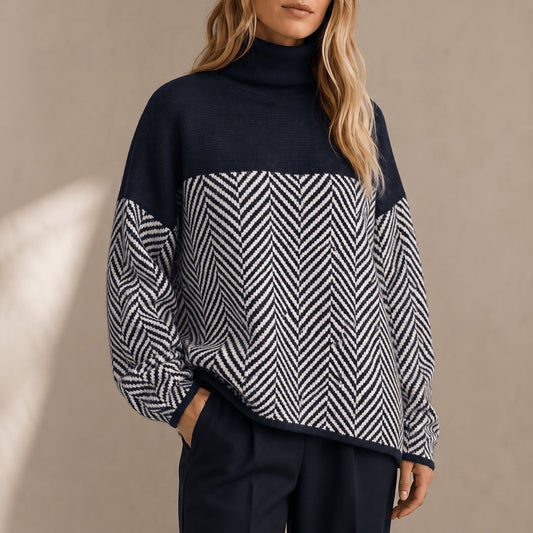 Women's Turtleneck Jumper Chevron Funnel Neck with Dropped Shoulders