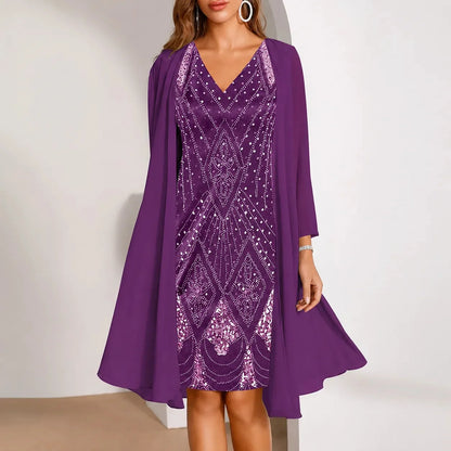 Women's Two-Piece Sequin Dress | Sheer Jacket & Shimmer Design