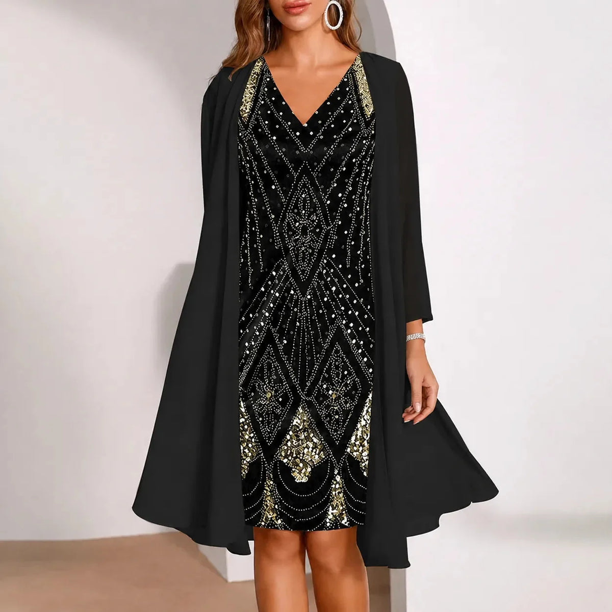 Women's Two-Piece Sequin Dress | Sheer Jacket & Shimmer Design