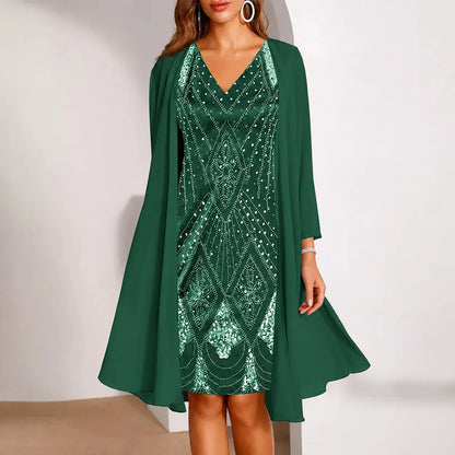 Women's Two-Piece Sequin Dress | Sheer Jacket & Shimmer Design