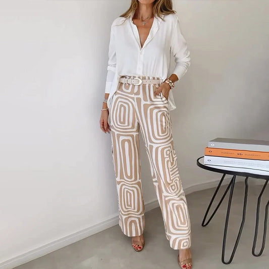 Women's Two-Piece Set | Belted Wide-Leg Trousers