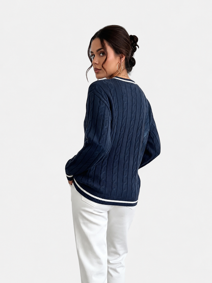 Women's V-Neck Sweater | Cable Knit & Striped Trims