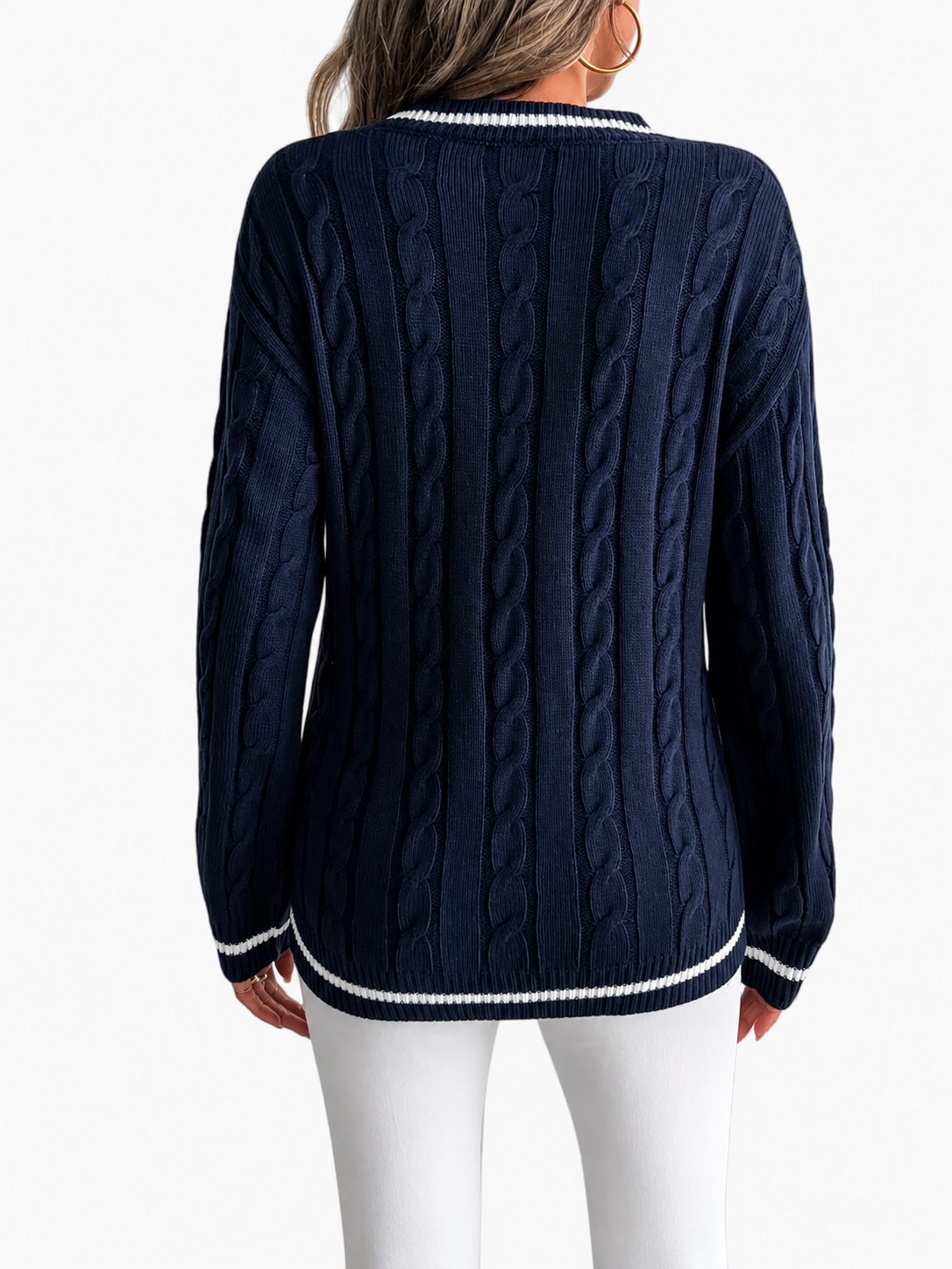 Women's V-Neck Sweater | Cable Knit & Striped Trims