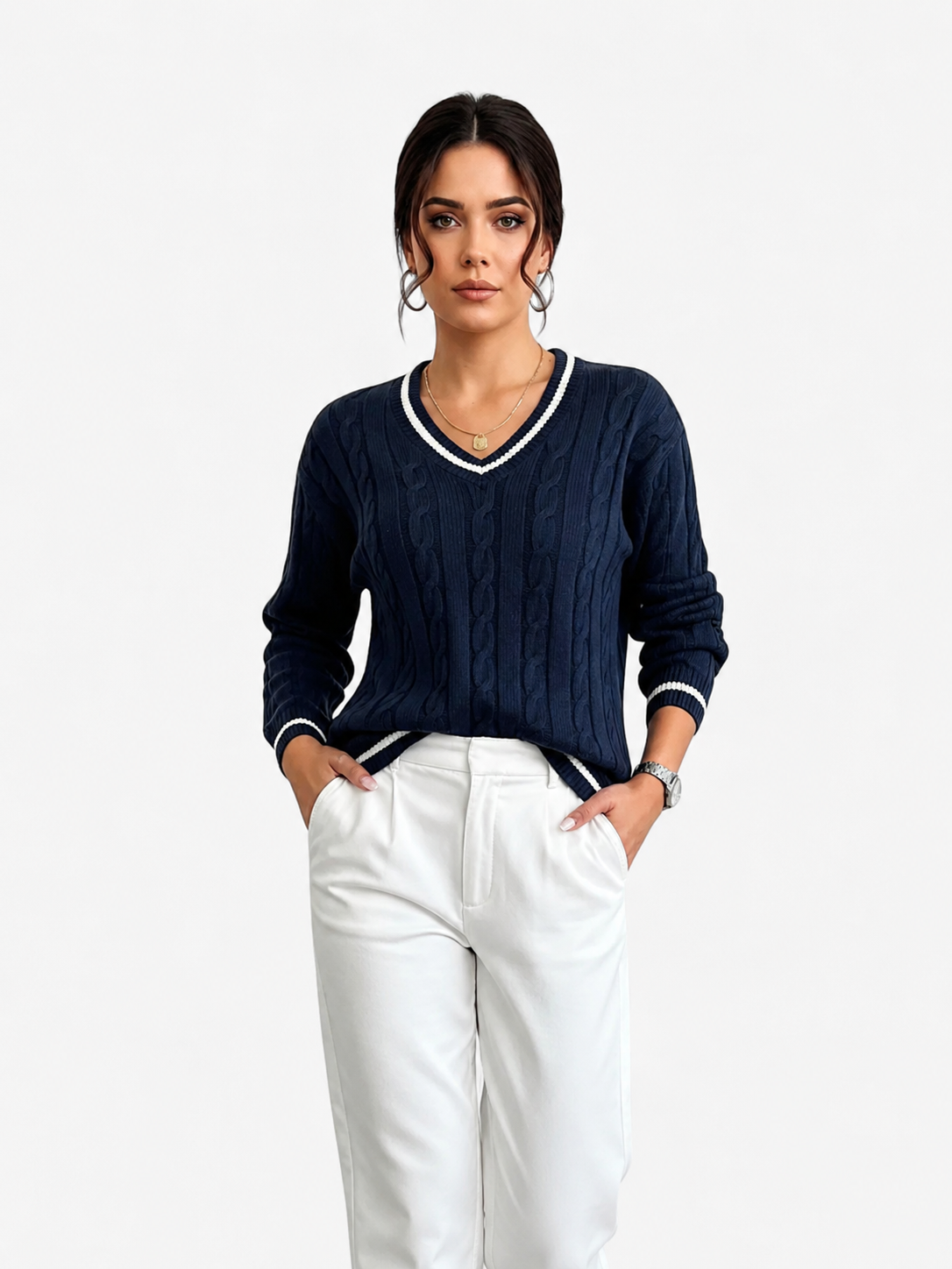 Women's V-Neck Sweater | Cable Knit & Striped Trims