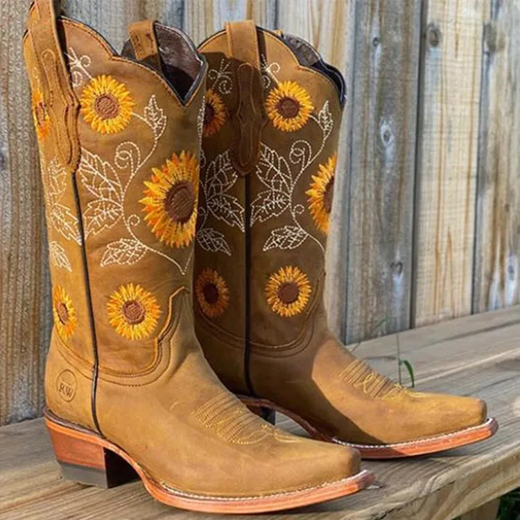 Women's Western Boots Sunflower Embroidery Square Toe
