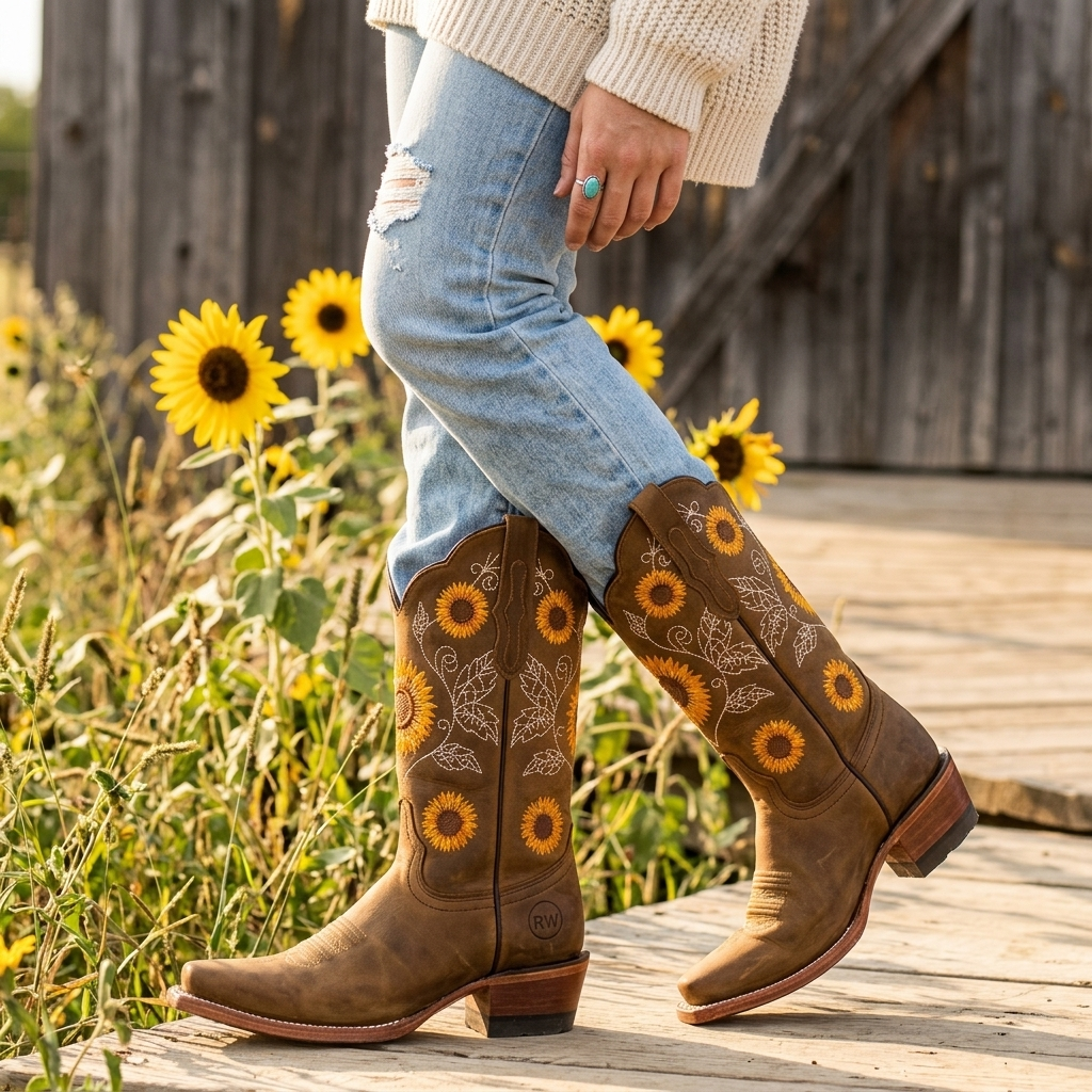 Women's Western Boots Sunflower Embroidery Square Toe