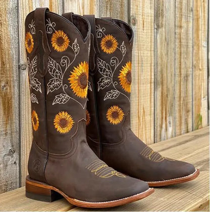 Women's Western Boots Sunflower Embroidery Square Toe