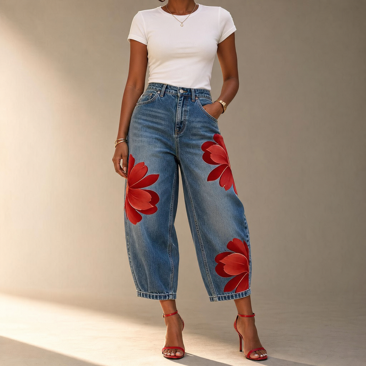 Women's Wide Leg Jeans | Floral Print & Cropped Fit