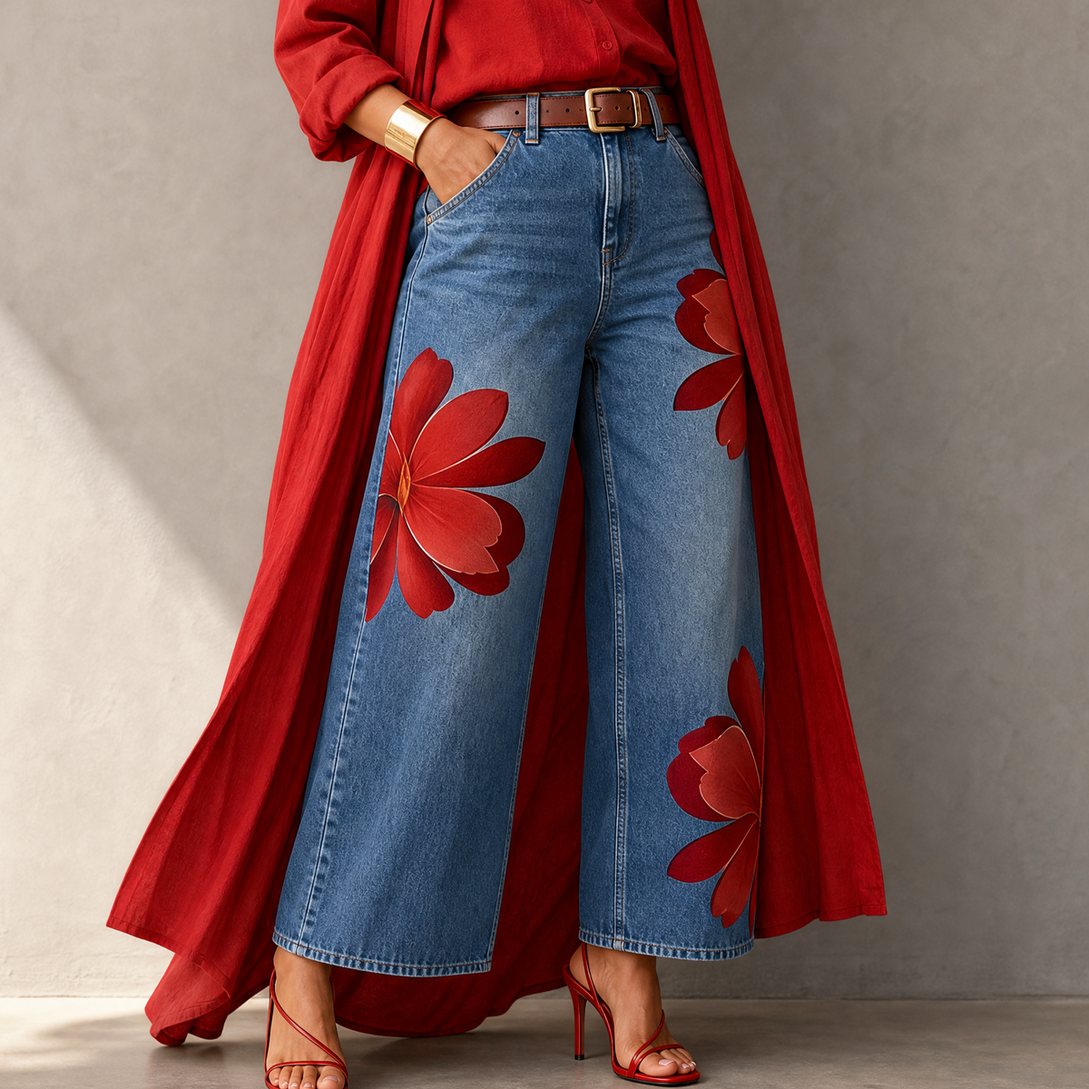 Women's Wide Leg Jeans | Floral Print & Cropped Fit