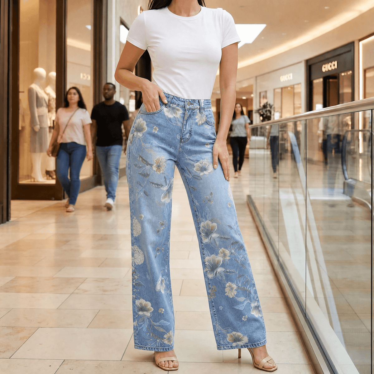 Women's Wide-Leg Jeans | Floral Print & High-Rise Fit