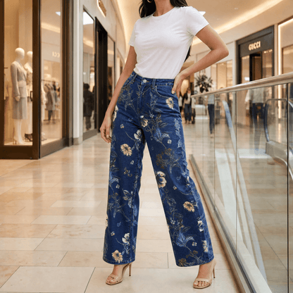Women's Wide-Leg Jeans | Floral Print & High-Rise Fit