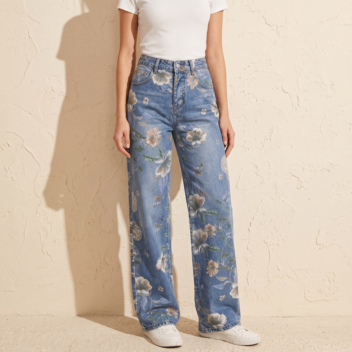 Women's Wide-Leg Jeans | Floral Print & High-Rise Fit