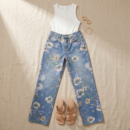 Women's Wide-Leg Jeans | Floral Print & High-Rise Fit