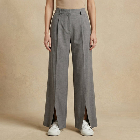 Women's Wide Leg Trousers High Waisted Pleated Seams with Front Split