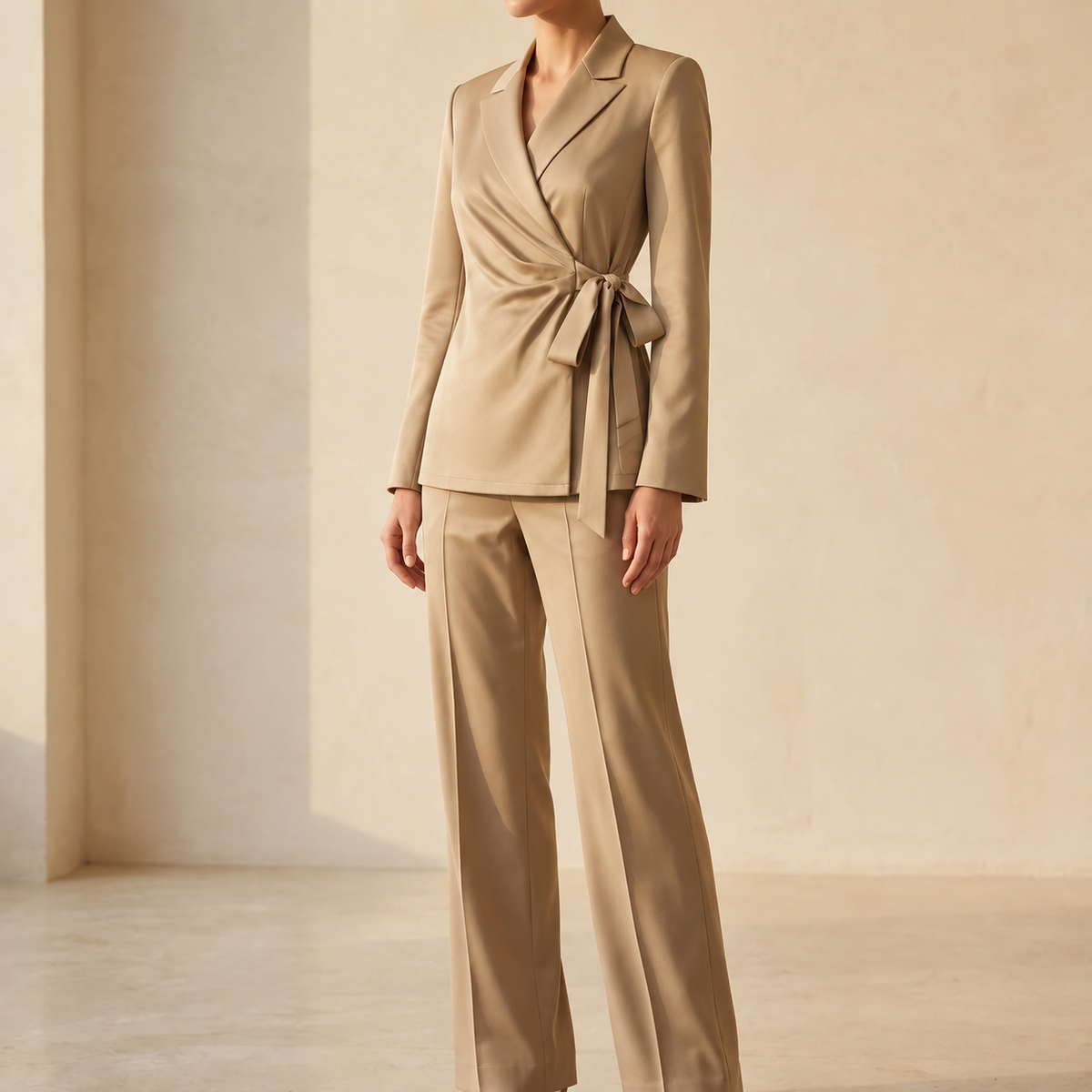 Women's Wrap Tie Blazer Wide Leg Trouser Set Workwear