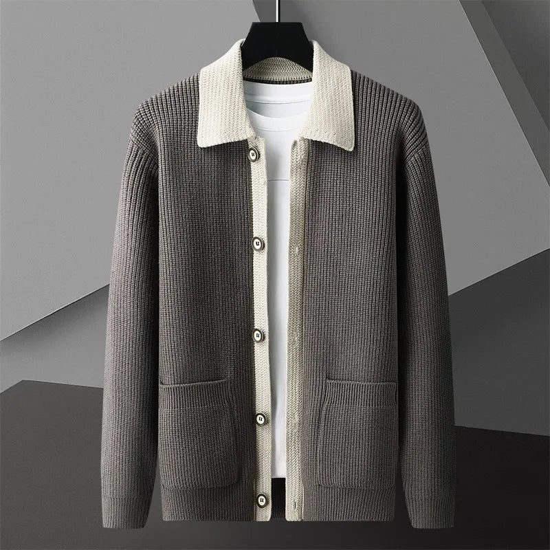 Men's Two-Tone Knit Cardigan Button Placket Winter Sweater 5
