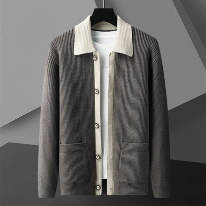 Men's Two-Tone Knit Cardigan Button Placket Winter Sweater 5