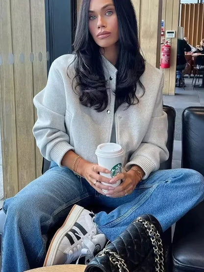 Women's Cropped Bomber Jacket Button-Front Relaxed Fit 4