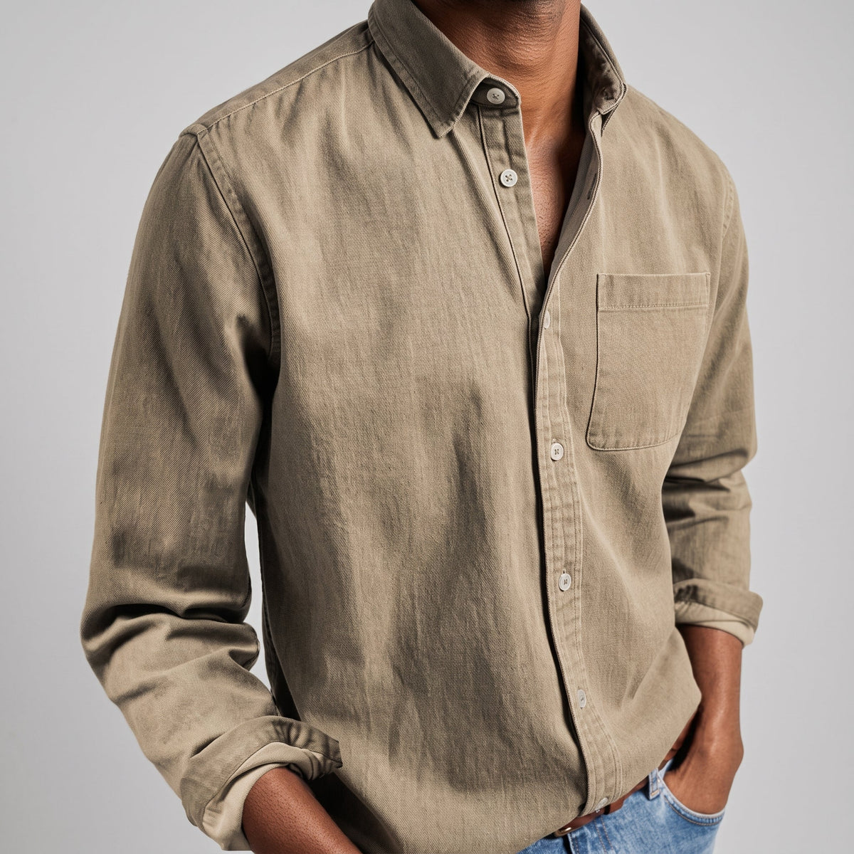 Arthur - Men's Relaxed Fit Long Sleeve Point Collar Shirt - Shirts - Khaki - Davies & Cooper