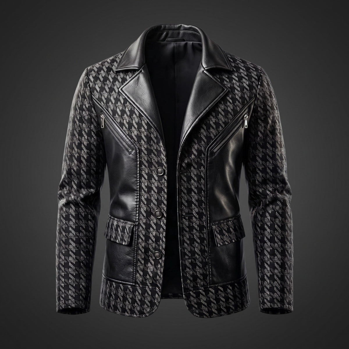 Charles - Men's Houndstooth Print Jacket with Zip Pocket Detail - Blazers - Black - Davies & Cooper