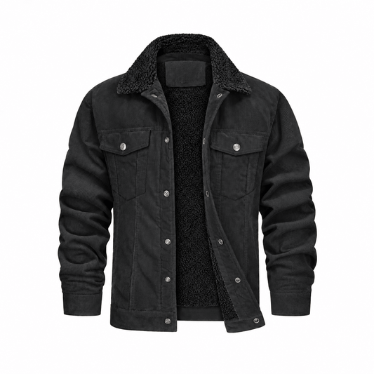 Charlie - Men's Corduroy Trucker Jacket with Cozy Collar and Chest Pockets - Trucker Jackets - Black - Davies & Cooper