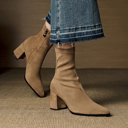 Charlotte - Women's Block Heel Ankle Boots with Pointed Toe - Boots - Beige - Davies & Cooper