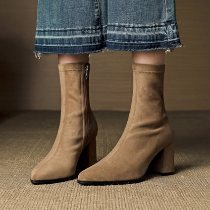 Charlotte - Women's Block Heel Ankle Boots with Pointed Toe - Boots - Beige - Davies & Cooper