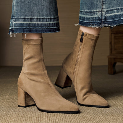 Charlotte - Women's Block Heel Ankle Boots with Pointed Toe - Boots - Beige - Davies & Cooper