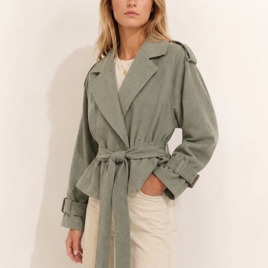 Charlotte - Women's Cropped Trench Coat with Belted Waist - Trench Coats - Green - Davies & Cooper