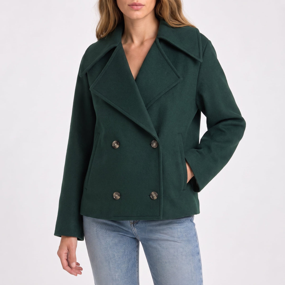 Charlotte - Women's Wide Lapel Cropped Double-Breasted Jacket - Pea Coats - Green - Davies & Cooper
