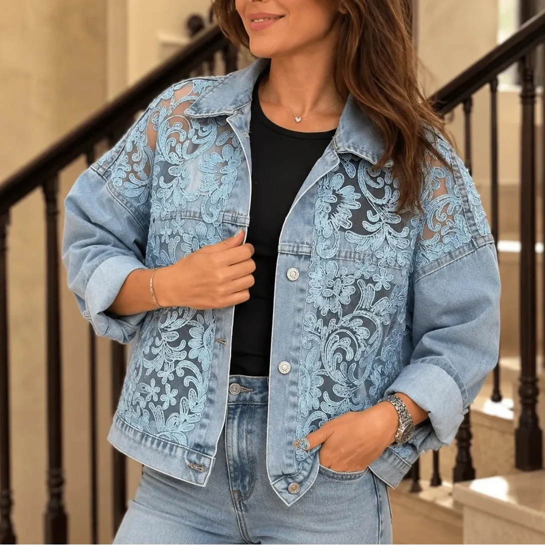 Women's Cropped Jacket | Floral Lace-Look Patchwork 2