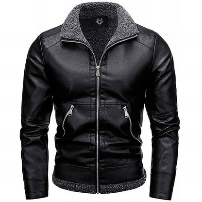 black leather jacket with pockets and  grey sherpa lining